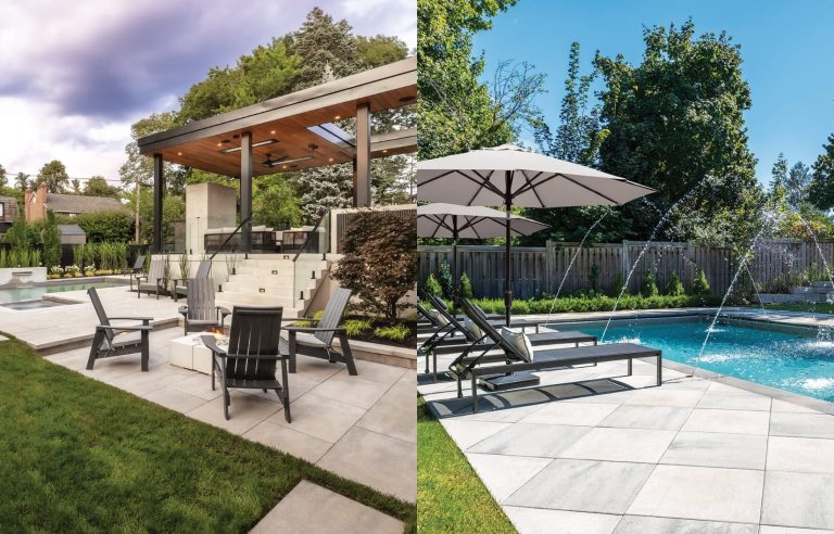 Deux formats de dalle Melville, deux effets distincts pour structurer un aménagement autour de la piscine